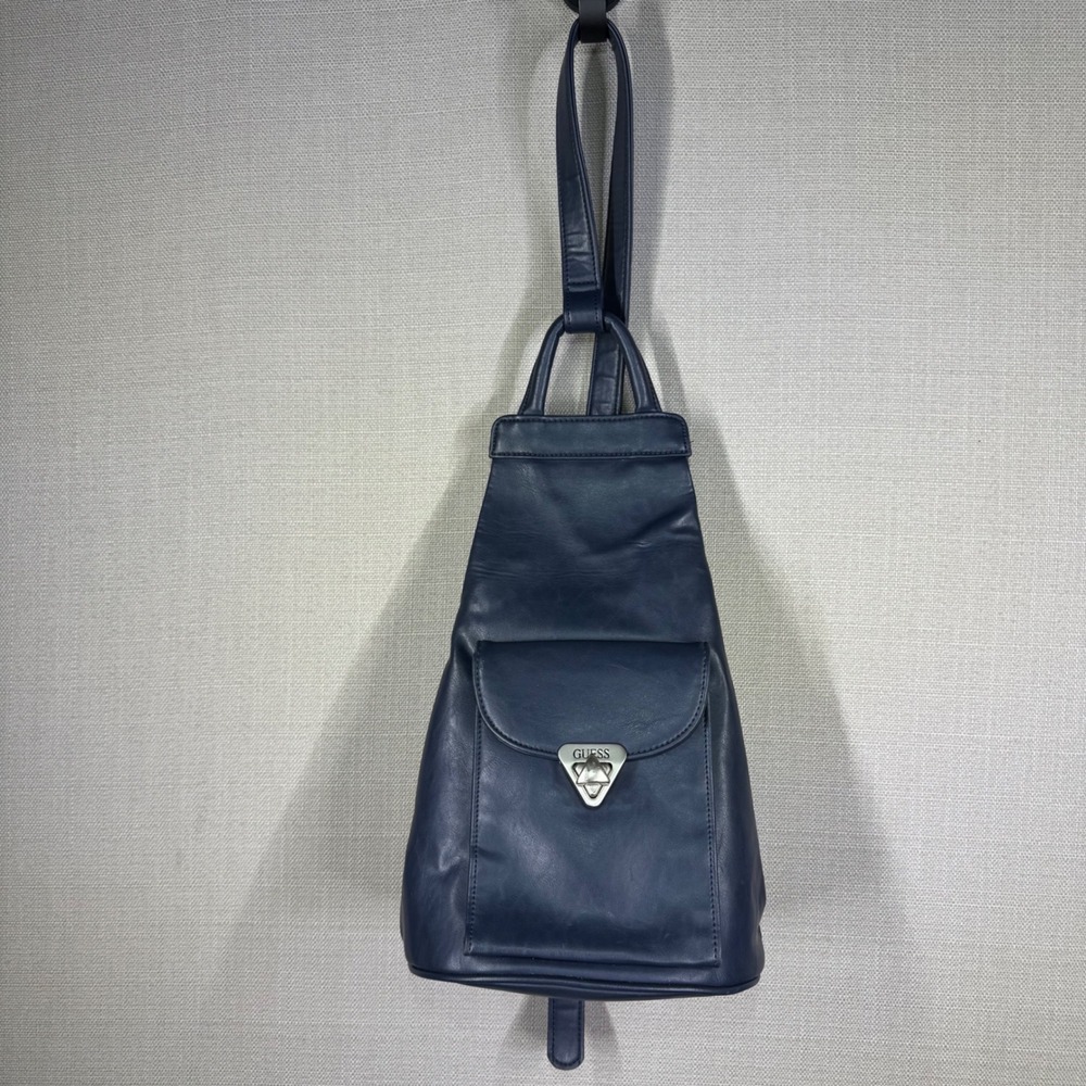 Guess Vintage Faux Leather Sling Backpack Triangle Crossbody Bag Navy Blue
